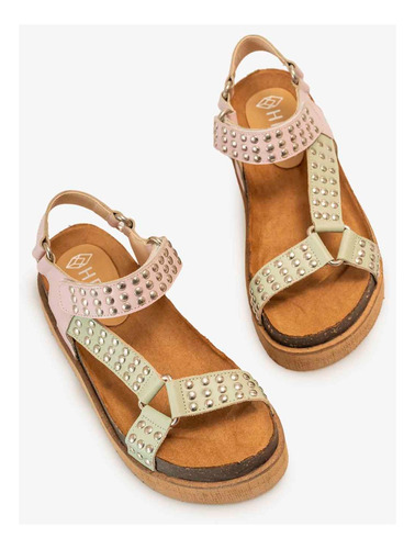 Sandalia De Cuero Rosa Y Verde Handuria Mujer Heyas