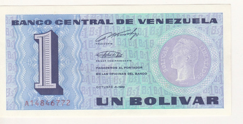 Imagen 1 de 2 de Billete Venezuela 1 Bolívar Octubre 5 1989 A8 Unc