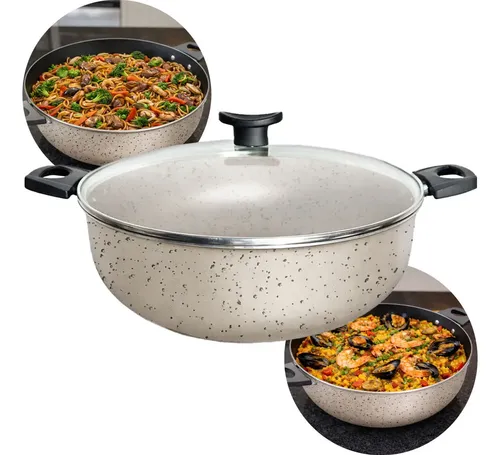 Wok 30 Frigideira Grande Paella Caçarola Teflon Antiaderente Cor Baunilha
