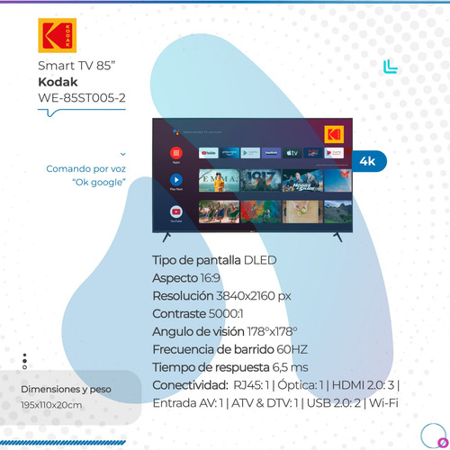 Televisor Smart Kodak 85 Pulgadas 4k Ultra Hd Android Wifi