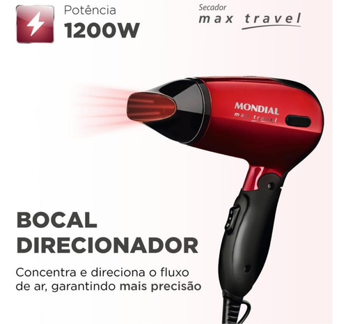 Secador De Cabelo Mondial Max Travel 1200w Sc10 Bivolt Cor Vermelho/Preto 110V/220V