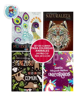 Set De 4 Libros Para Colorear Animales: Unicornios, Perezoso