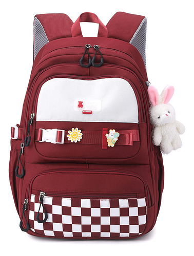 Bonita mochila a cuadros para niñas, mochila escolar kawaii, color rojo