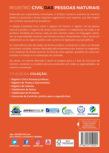 REGISTRO CIVIL DAS PESSOAS NATURAIS - 2ª ED - 2020, de Cassettari, Christiano. Editorial Editora Foco Jurídico Ltda, capa mole em português, 2020