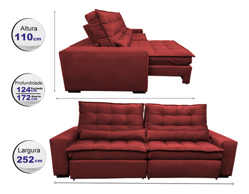 Sofá Retrátil e Reclinável com Molas Ensacadas Cama inBox Gold 2,52m Tecido Suede Velusoft Vermelho