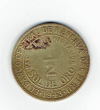 Moneda Del Perú, 1/2 Sol De Oro, 1943.  Jp