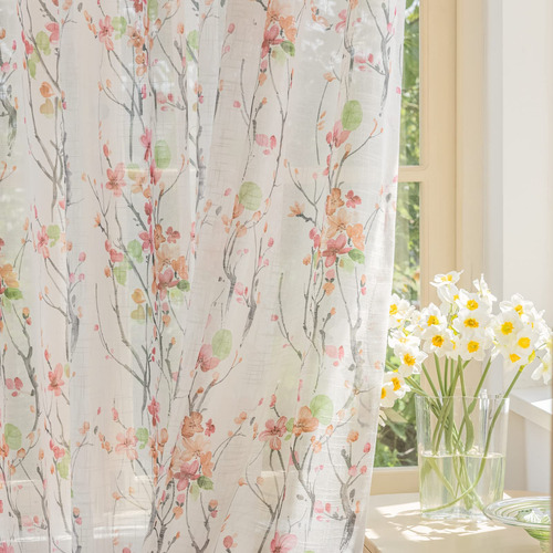 Cortinas Florales Semi-sembradas Con Textura De Lino Suouo P