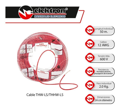 Imagen 3 de 8 de Bolsa 50 Mts Cable Iusa Rojo Thw Cal 12 Awg 100%cobre