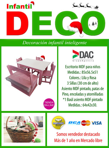 Escritorio Infantil Melamínico + 3 Sillas + 1 Baúl Asiento