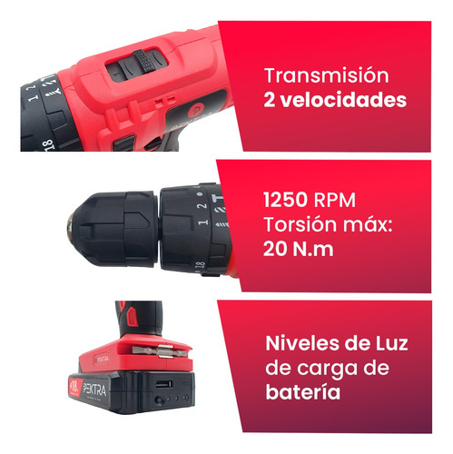 Taladro Atornillador Percutor Batería 18v Litio Maletin Luz Color Rojo Frecuencia 50