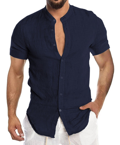 Imagen 6 de 10 de Camisas De Hombre Lino Manga Corta Cuello Mao