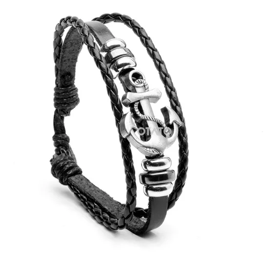 Pulsera Hombre - Pulsera Cuero Genuino - Dije Acero Modelo Ancla - Pulsera Ancla - Pulseras Hombre - Brazalete Hombre