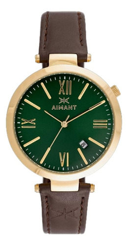 Relógio Aimant Unissex Verde Pulseira De Couro Lbo-120l5-3rg Correia Marrom Bisel Dourado