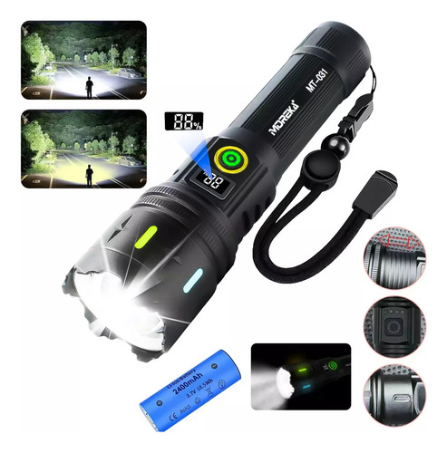 Linterna Táctica Recargable Led De Doble Fuente De Luz Mt-031, Potente, Puede Cambiar Entre Luz Blanca Y Luz Cálida (2 Luces De Color)