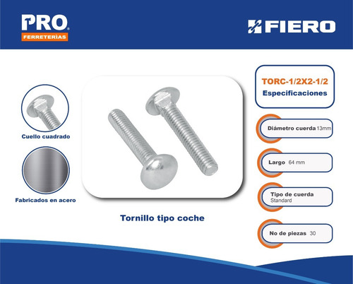 Tornillo Tipo Coche, 1/2 X 2-1/2 , Bolsa Con 20 Pz 44749