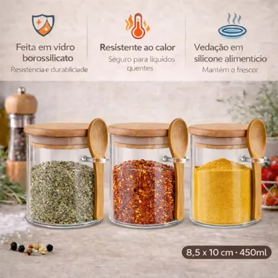Kit 3 Potes De Vidro 450ml Herméticos com Tampa e Colher de Bambu Para Mantimentos Alimentos Grãos Café Massas Cereais Cozinha Com Vedação Hermética Vidro Borossilicato Livre Bpa Transparente