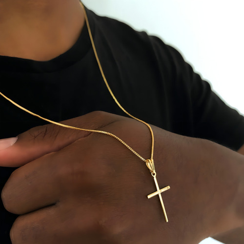 Corrente Cordão Masculino + Pingente Cruz Banhado A Ouro 18k Cor Dourado