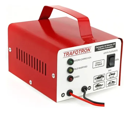 Carregador de Bateria Trafotron CF5AH para Carro, Moto e Barco 12V Bivolt com Carga Lenta e Semirrápida