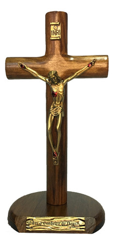 Crucifixo Madeira De Mesa Cristo Em Metal - 17 Cm Pv