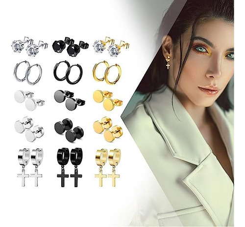 Juego de 15 pares de pendientes unisex de acero inoxidable, color negro