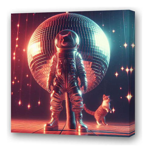 Cuadro 30x30cm Gato Disco Astronauta Retro Vintage