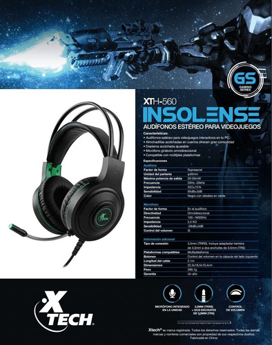 Imagen 2 de 9 de Auricular Gamer Xtech 560 Insolense Pc Ps4 Xbox One Switch
