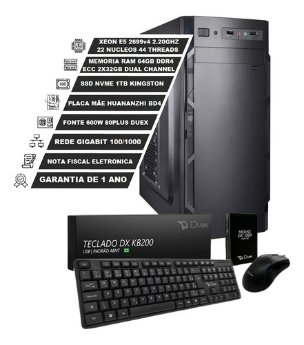 Servidor Xeon E5 2699v4 22 Núcleos 64gb Ecc 1tb Ssd Nvme