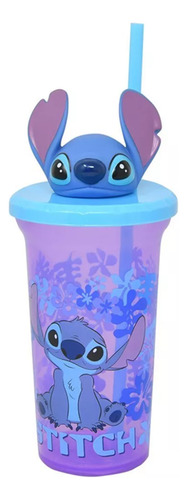 Vaso Con Tapa Y Popote Cabeza Stitch 450ml Plástico