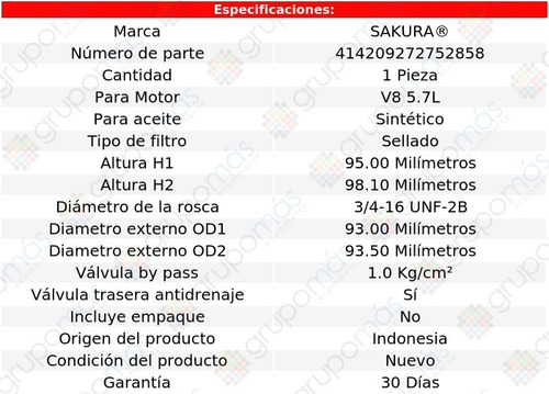 Filtro De Aceite Sintético Grand Cherokee V8 5.7l 05/07