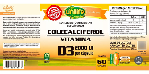 Kit 3 Vitamina D3 2000 Ui Colecalciferol Unilife 60 Cápsulas