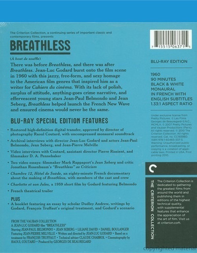Imagen 2 de 3 de Blu-ray Breathless / Criterion / De Godard / Subtit. Ingles
