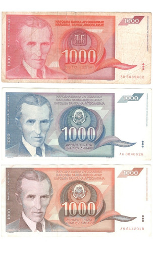 3 Billetes T E S L A - Yugoslavia 1000 Dinara (1990-91-92)  