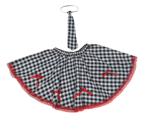 Fantasia Saia Junina Xadrez Godê - Renda-adulto + Gravata Xadrez Branco E Preto Pequeno E Renda Vermelha Cintura 70cm Até 100cm