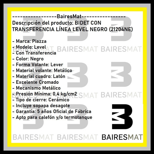 Imagen 6 de 8 de Grifería Piazza Bidet Level 21204ne Negro Con Transferencia