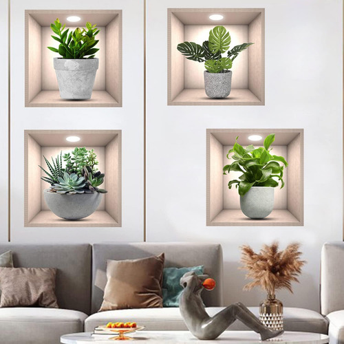 4 Pegatinas De Pared Con Plantas Verdes En 3d Para Decoració