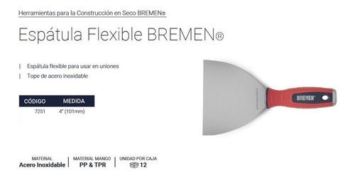 Imagen 3 de 5 de Espatula Durlock Union Bremen 100mm Acero Inox Yesero