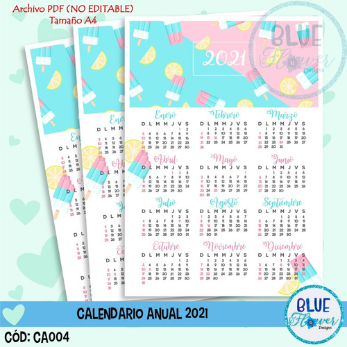 Calendario Anual 21 Imprimible Helados Almanaque Pdf Mercado Libre