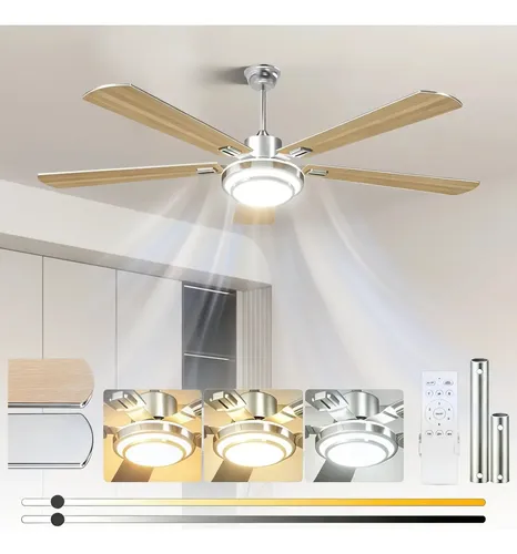 Ventilador De Techo De 52 Pulgadas Con Luz Y Control Remoto, Ventilador De 5 Aspas Plateado