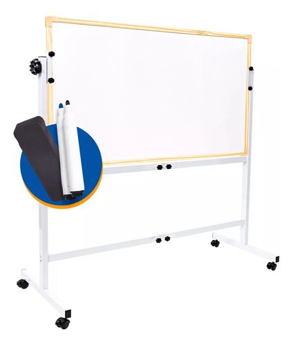 Lousa Quadro Branco 120x90 Cm Moldura Madeira + Suporte Com Rodas E Itens