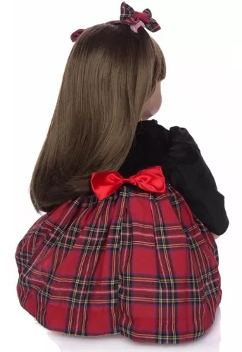 Boneca Bebê Reborn 60cm Roupa Xadrez Cabelo Longo Envio Já