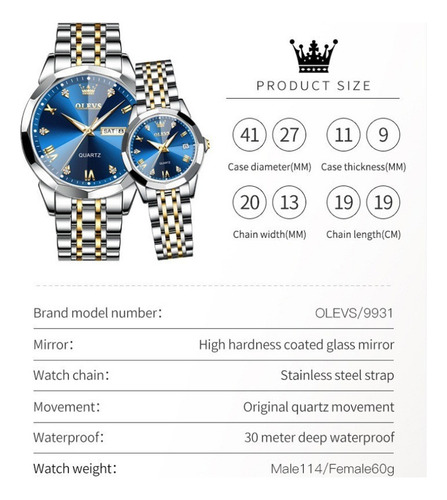 Relojes Olevs Con Calendario Luminoso Para Pareja, 2 Unidade