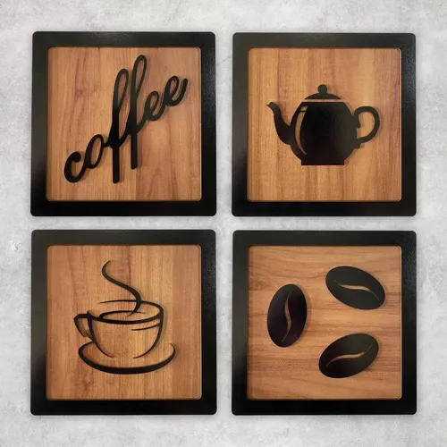 Kit 4 Quadros Cantinho Do Café Mdf Relevo 3d 15cm Decoração