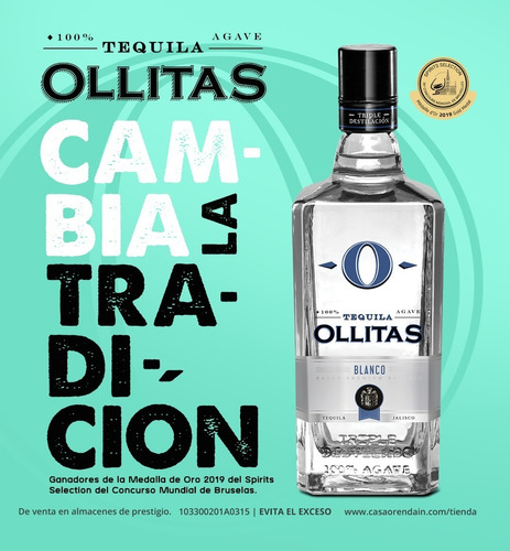 Tequila Ollitas Blanco Triple Destilado 100% Agave