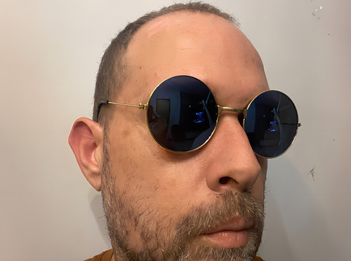 Gafas Woodstock Beats Jimmy Hendrix Rock Look con montura redonda, color varilla dorada, lente dorada, color azul espejo