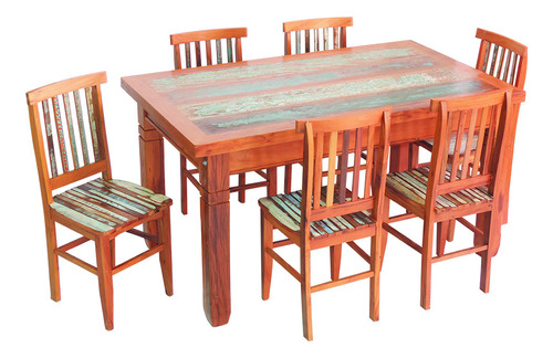 Conjunto Mesa De Jantar 1,5 M Com 6 Cadeiras Mineira Com Pátina Desenho Do Tecido Das Cadeiras Liso