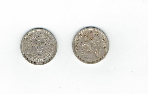 Moneda De Chile, 20 Centavos 1940.  Jp