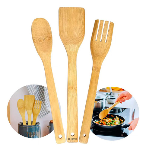 Set De Utensilio 3pz Bambú Con Base Almacenamiento Cocina