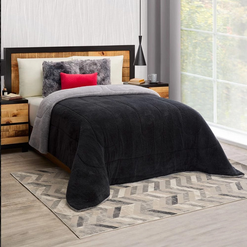 Cobertor Matrimonial Borrega Bicolor Negro Gris Ultra Suave