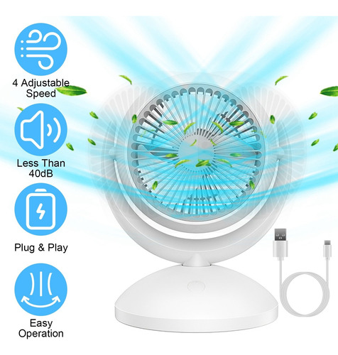 Ventilador De Mesa Portátil Recargable Con 4 Velocidades 48.26 Cm Blanco Plástico 3