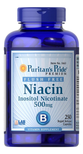 Niacin Flush Free - 500mg - 250 Cápsulas - Puritans Pride